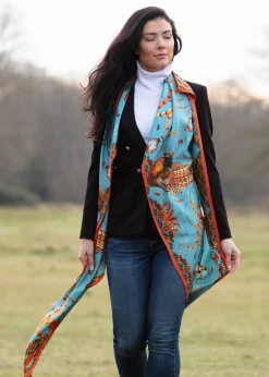 Heads or Tails Classic Silk Scarf - Duck Egg Blue and Rust