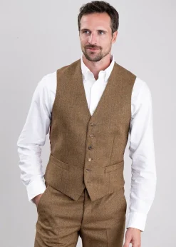 Heatherslaw Tweed Waistcoat - Earth Brown with Red and Gold Overcheck