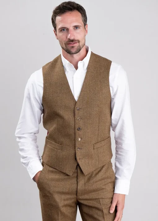 Heatherslaw Tweed Waistcoat - Earth Brown with Red and Gold Overcheck