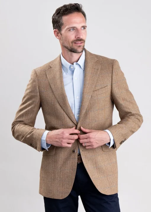 Hexham Tweed Jacket - Camel and Tan Twill with Gold and Blue Check