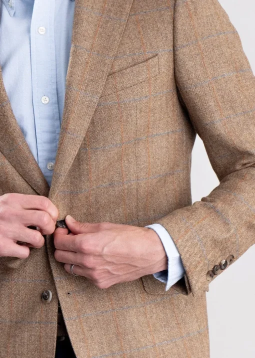 Hexham Tweed Jacket - Camel and Tan Twill with Gold and Blue Check