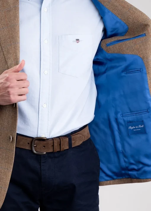 Hexham Tweed Jacket - Camel and Tan Twill with Gold and Blue Check