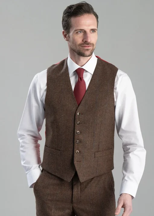 Kimmerston Tweed Waistcoat - Coffee Twill with Blue and Red Check