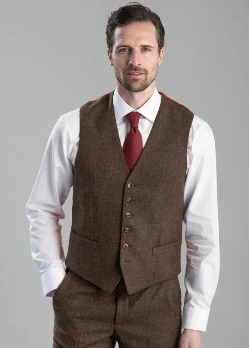 Kimmerston Tweed Waistcoat - Coffee Twill with Blue and Red Check