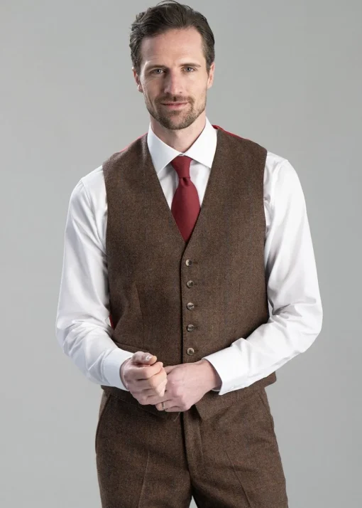 Kimmerston Tweed Waistcoat - Coffee Twill with Blue and Red Check