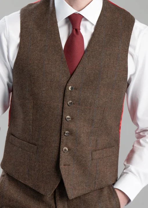 Kimmerston Tweed Waistcoat - Coffee Twill with Blue and Red Check