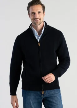 Lambswool 4 Ply Plain Jacket - Navy with Cobble