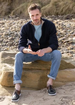 Lambswool 4 Ply Plain Jacket - Navy with Cobble
