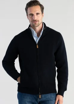 Lambswool 4 Ply Plain Jacket - Navy with Cobble