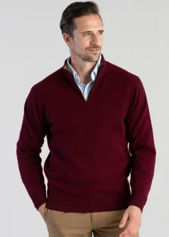 Lambswool 2 Ply Zip Neck - Bordeaux with Driftwood