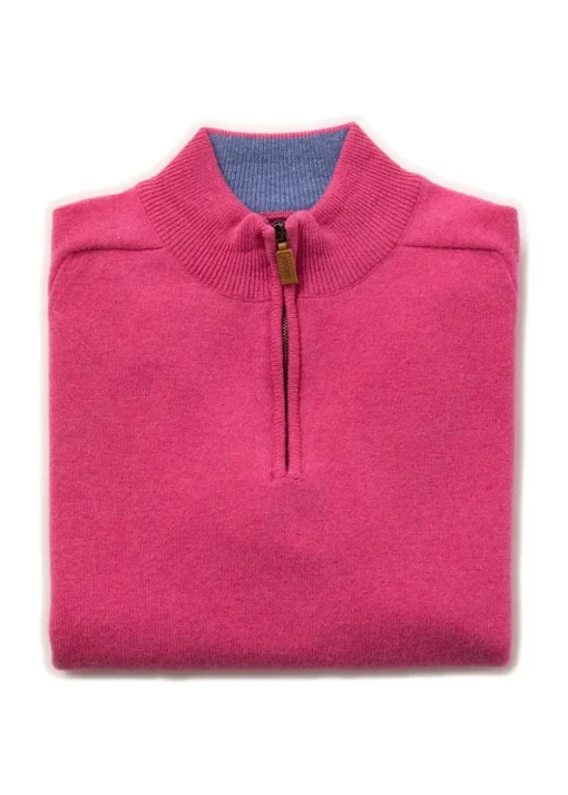 Lambswool 2 Ply Zip Neck - Lipstick with Jeans