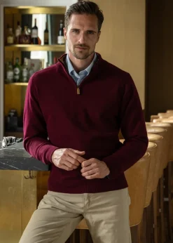 Lambswool 2 Ply Zip Neck - Bordeaux with Driftwood