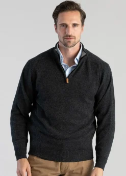 Lambswool 2 Ply Zip Neck - Charcoal with Flannel
