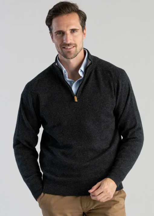 Lambswool 2 Ply Zip Neck - Charcoal with Flannel