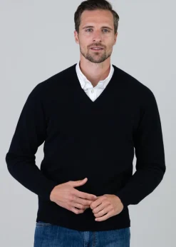 Leven 2 Ply Lambswool V-Neck - Navy