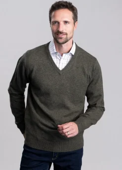 Lewis Lambswool V-Neck Jumper - Woodland