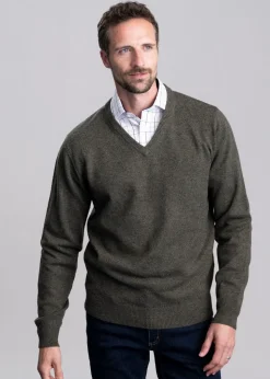 Lewis Lambswool V-Neck Jumper - Woodland