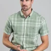 Linen Short Sleeved Check Shirt - Kalamata Green