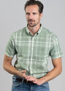 Linen Short Sleeved Check Shirt - Kalamata Green