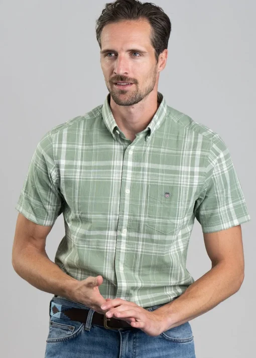 Linen Short Sleeved Check Shirt - Kalamata Green