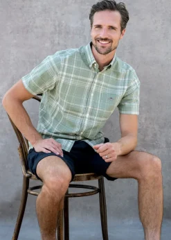 Linen Short Sleeved Check Shirt - Kalamata Green