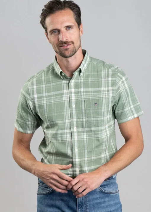 Linen Short Sleeved Check Shirt - Kalamata Green