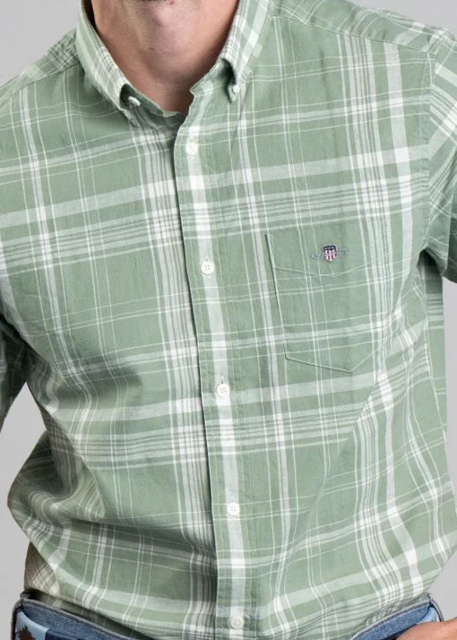 Linen Short Sleeved Check Shirt - Kalamata Green