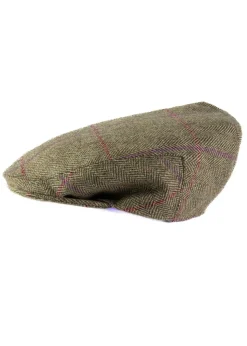Lowick Tweed Cap - Olive Herringbone with Red and Aubergine Overcheck