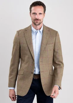 Lowick Tweed Jacket - Olive Herringbone with Red and Aubergine Overcheck