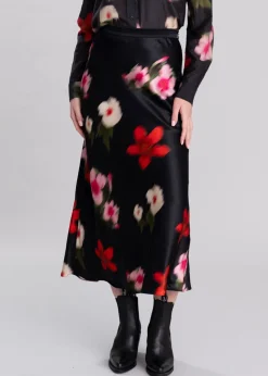 Midi Floral Print A-Line Skirt - Black