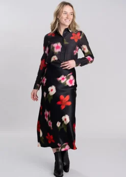 Midi Floral Print A-Line Skirt - Black