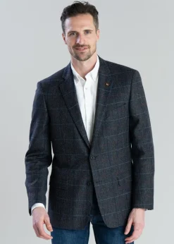 Midweight Tweed Jacket - Blue Herringbone with Blue, Rust and Red Check