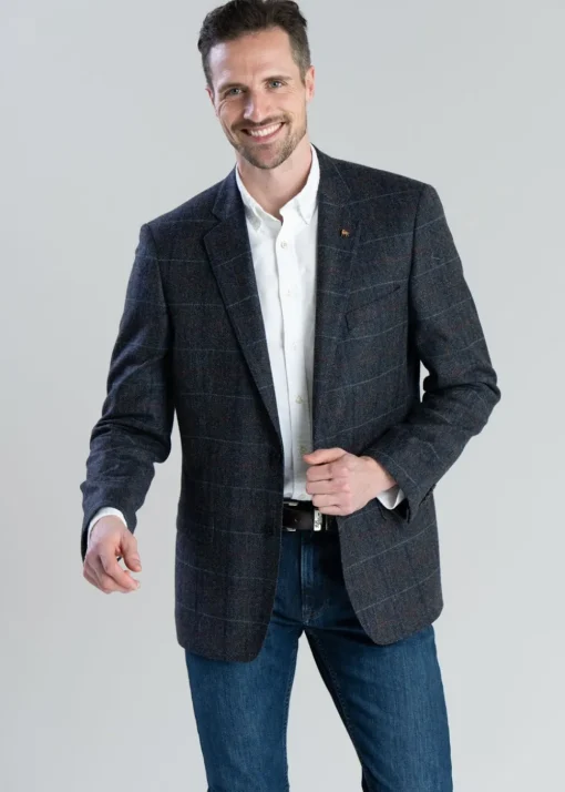 Midweight Tweed Jacket - Blue Herringbone with Blue, Rust and Red Check