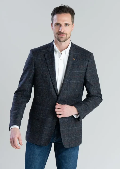 Midweight Tweed Jacket - Blue Herringbone with Blue, Rust and Red Check