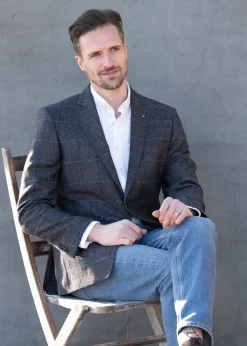 Midweight Tweed Jacket - Blue Herringbone with Blue, Rust and Red Check