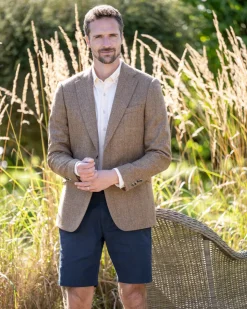 Milfield Tweed Jacket - Brown Herringbone with Purple and Green Overcheck