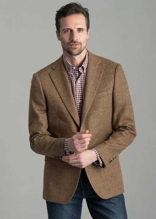 Milfield Tweed Jacket - Brown Herringbone with Purple and Green Overcheck