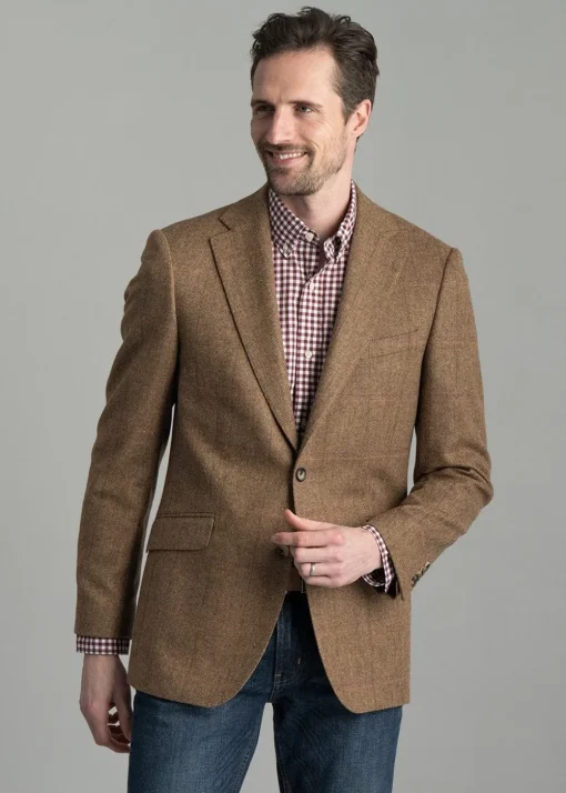 Milfield Tweed Jacket - Brown Herringbone with Purple and Green Overcheck