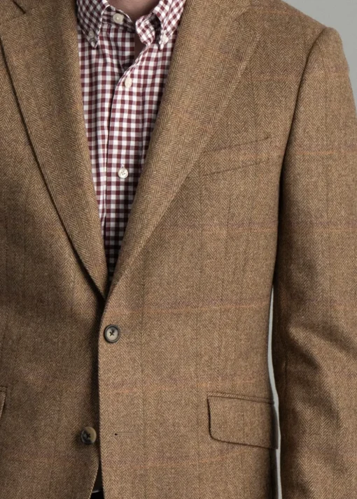 Milfield Tweed Jacket - Brown Herringbone with Purple and Green Overcheck