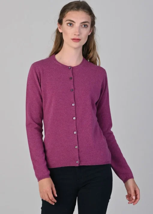 Millie Cashmere High Button Cardigan - Loganberry
