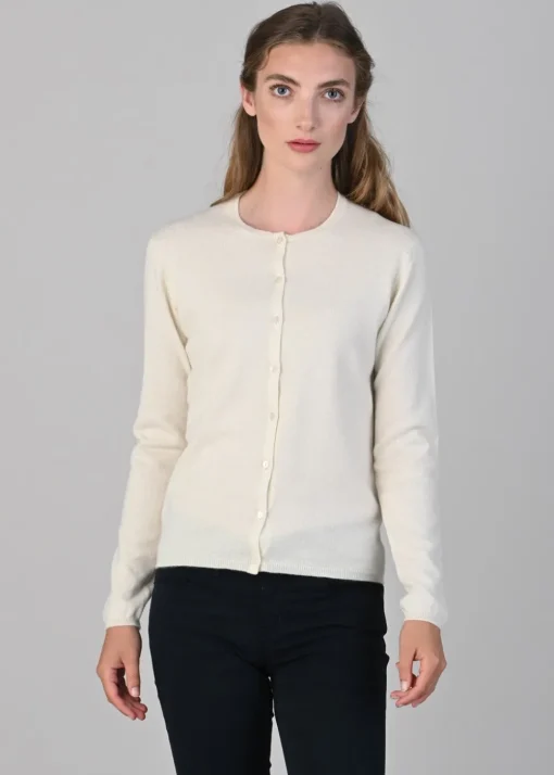 Millie Cashmere High Button Cardigan - White Undyed