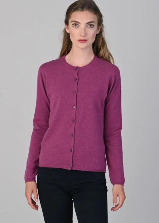 Millie Cashmere High Button Cardigan - Loganberry