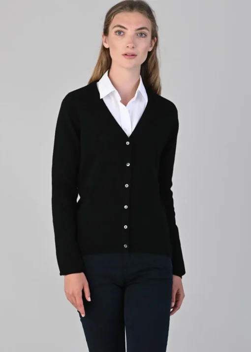 Millie Cashmere Vee Cardigan - Black