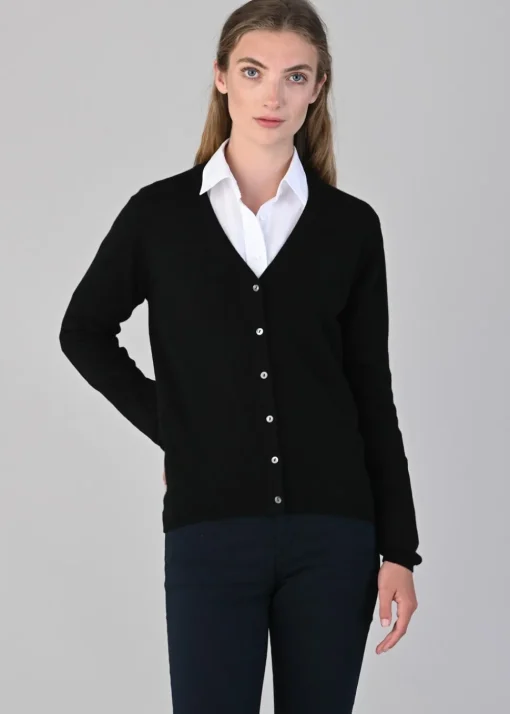 Millie Cashmere Vee Cardigan - Black