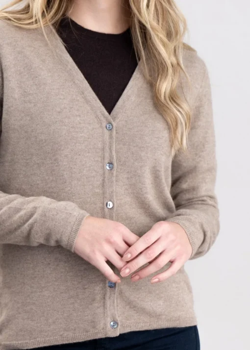 Millie Cashmere Vee Cardigan - Dark Natural