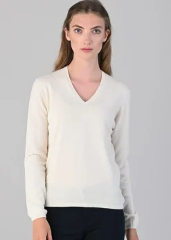 Millie Cashmere Vee Neck - White Undyed
