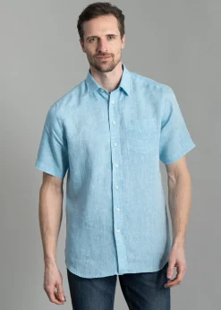 Oscar Short Sleeve Linen Shirt - Aqua Blue