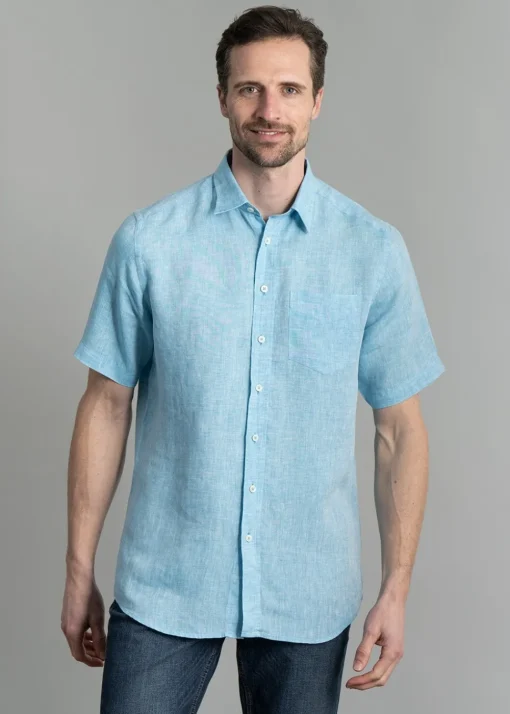 Oscar Short Sleeve Linen Shirt - Aqua Blue