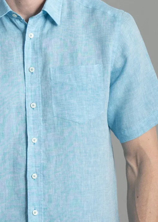 Oscar Short Sleeve Linen Shirt - Aqua Blue