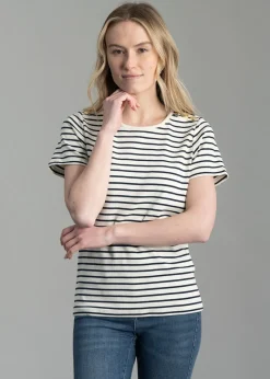 Padstow Crew Neck T-Shirt - Natural and Ink Navy Stripe